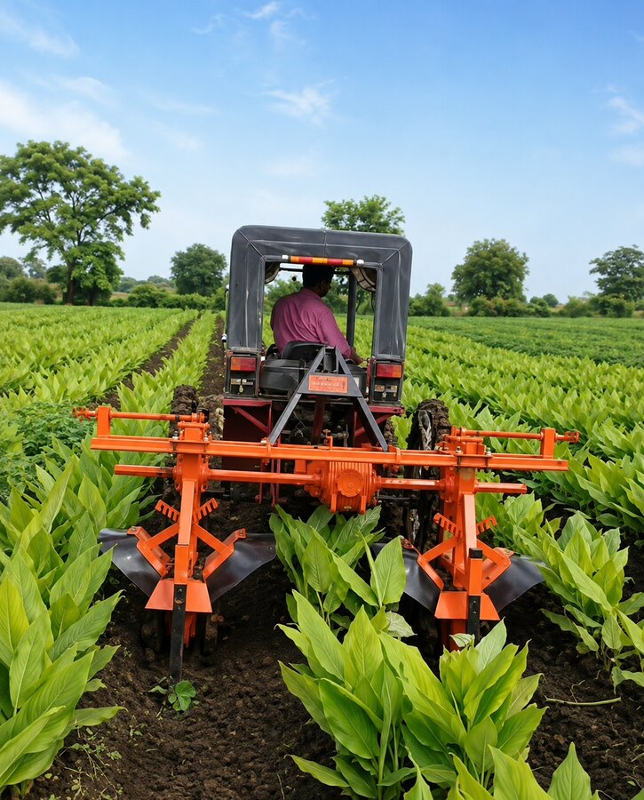 Jalamkar rotavator working in a turmeric field